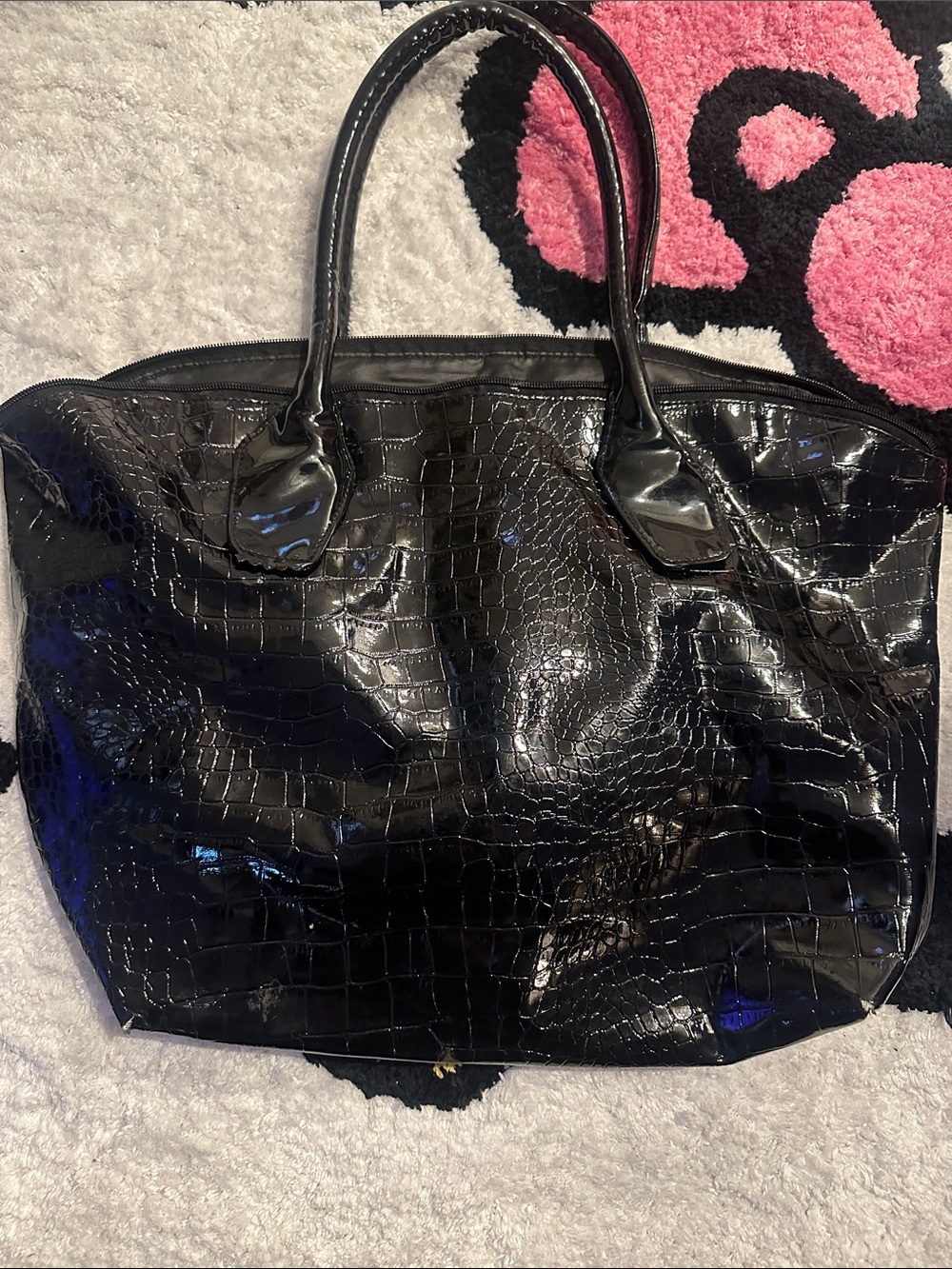 Black Croc-Embossed Patent Tote Bag - Women